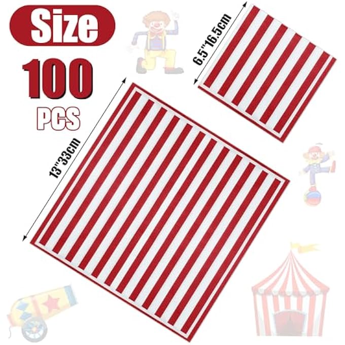 100 PCS RED AND WHITE STRIPED NAPKINS, CARNIVAL CIRCUS PARTY NAPKINS CARNIVAL PAPER NAPKIN FOR CARNIVAL CIRCUS PARTY, KIDS BIRTHDAY, BABY SHOWER - Image 3